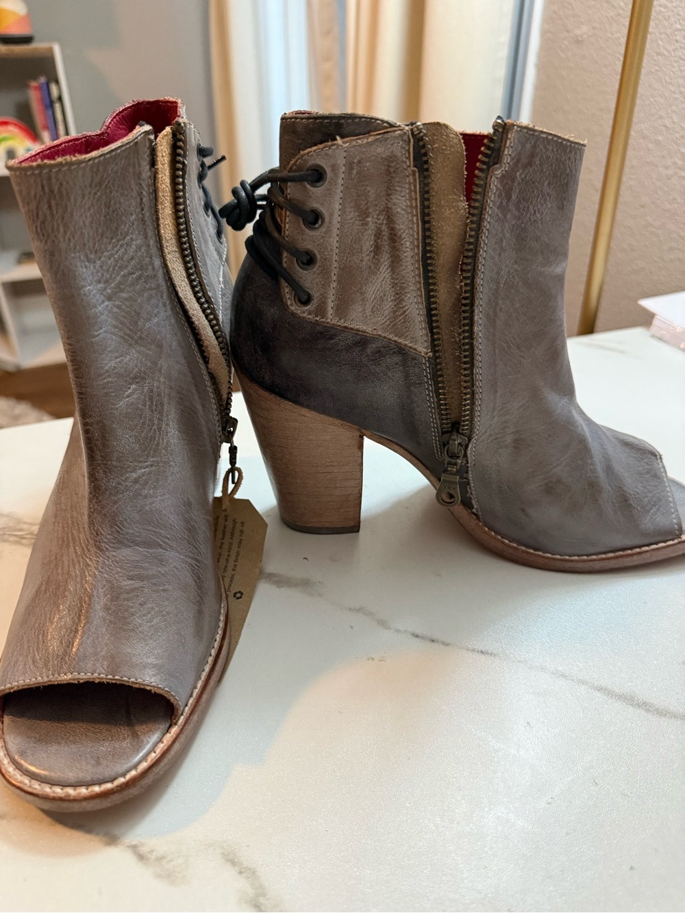 BED|STU Taupe Open-Toe Leather Ankle Booties with Wooden Block Heel